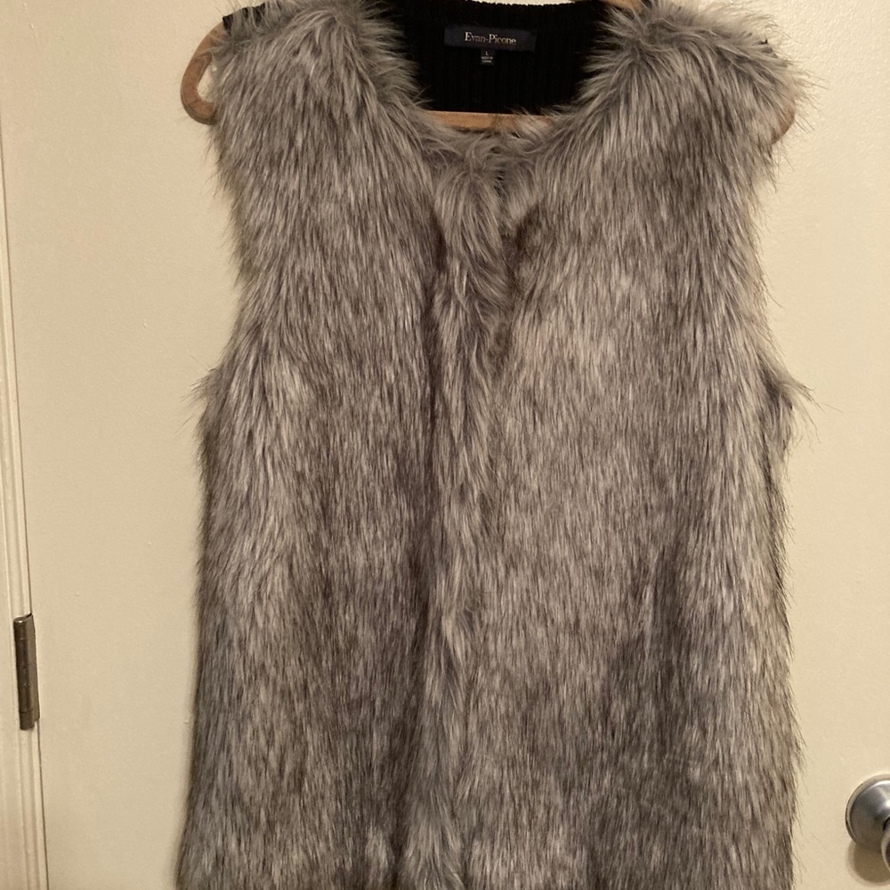 Evan Picone Faux Fur Zip Front Sweater Back Knit Vest Black Luxe Layering EUC L - Picture 3 of 6